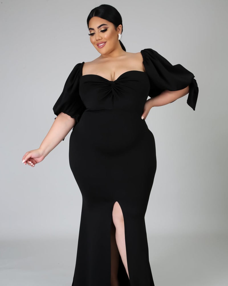 Black Bow Tie Puff Sleeve Plus Size High Slit Maxi Dress black